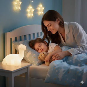 Veilleuse dinosaure long cou sur table de chevet, maman bordant son enfant, créant une atmosphère sécurisante et familiale pour le coucher.