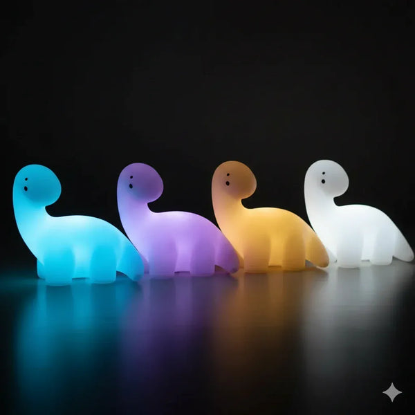 Veilleuse dinosaure long cou avec différentes couleurs d'éclairage LED (bleu, violet, jaune, blanc chaud), fonction de changement automatique de couleur pour une ambiance magique.