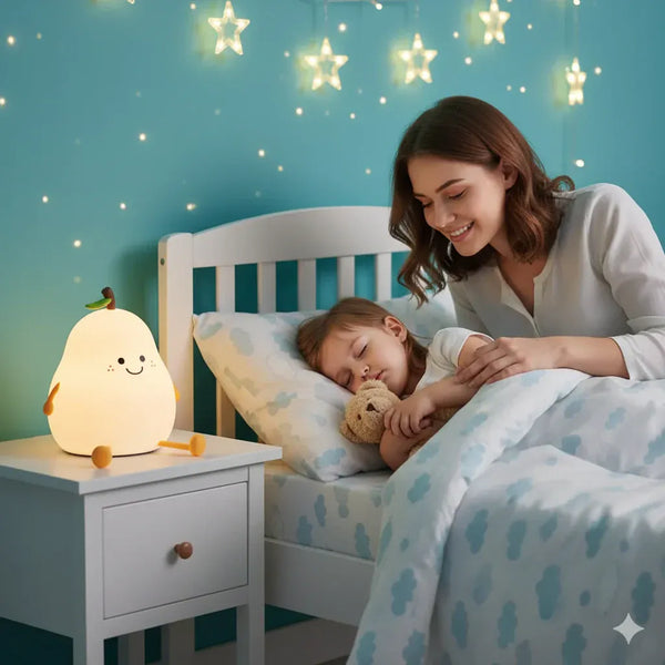 Veilleuse LED poire sur table de chevet, maman bordant son enfant, créant une atmosphère sécurisante et familiale pour le coucher.